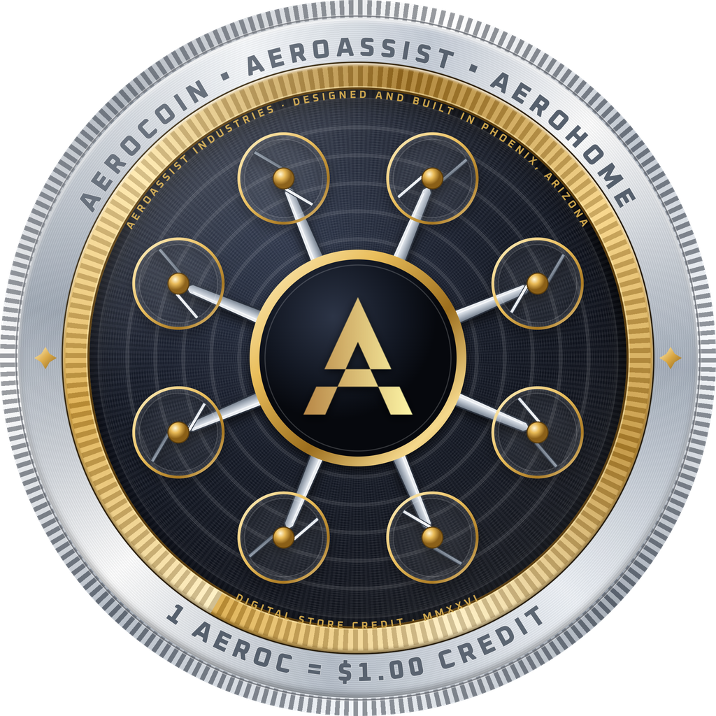 AeroCoin, front: a platinum coin with an engraved gold ring, an eight-rotor drone and the gold AeroAssist A on its hub