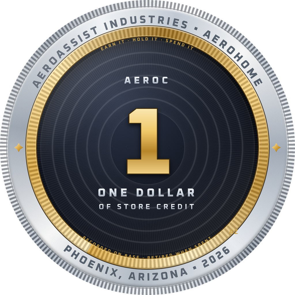 AeroCoin, back: a large gold 1, the words One dollar of store credit, Phoenix, Arizona, 2026